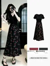 フレンチスタイルのフラワープリントワンピース【夏用・黒・大きいサイズ・梨型体型にフィット】（セットアップ対応）