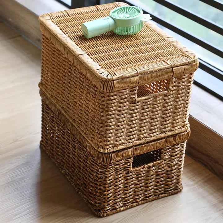 プラスチック製 藤編み風収納ボックス【フタ付き・整理用・家庭用】