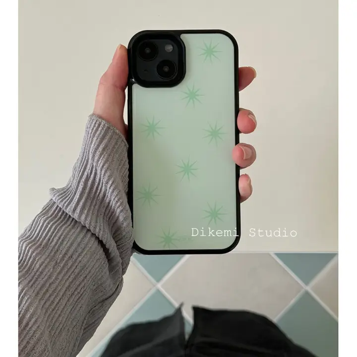 スマホケース スターモチーフ 黒フレーム ミントグリーン シンプル 全周囲保護 韓流 インスタ映え iPhone対応