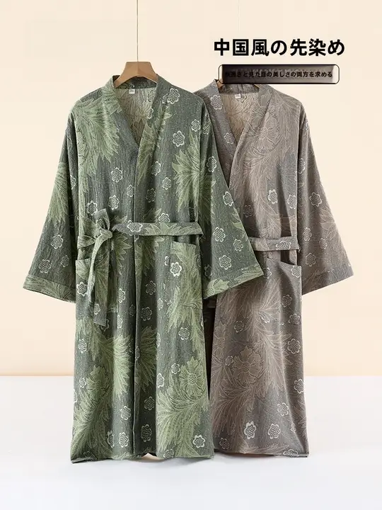 コットン製ダブルレイヤーガーゼロングスリーブ睡袍【春夏用・和風・ルームウェア】