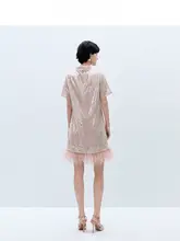 ラメ付きオーストリッチファー取り外し可能なストレートH型短袖ドレス【結婚式やパーティー用・ピンク】