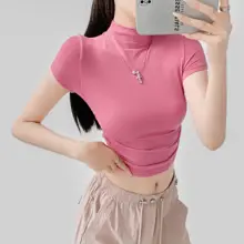 レディース 半高ネックTシャツ【夏用・リブ編み・フィット感・ウエストシェイプ】
