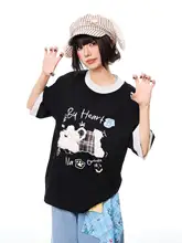 Tシャツ レディース 半袖 クルーネック 子犬柄 フロッキー加工 アメカジ ヴィンテージ プレッピー ゆったり 若見え バイカラー