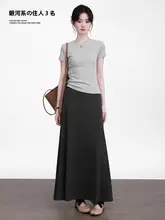 高腰フレアニットスカート【グレー・Aライン・ミディ丈・体型カバー】