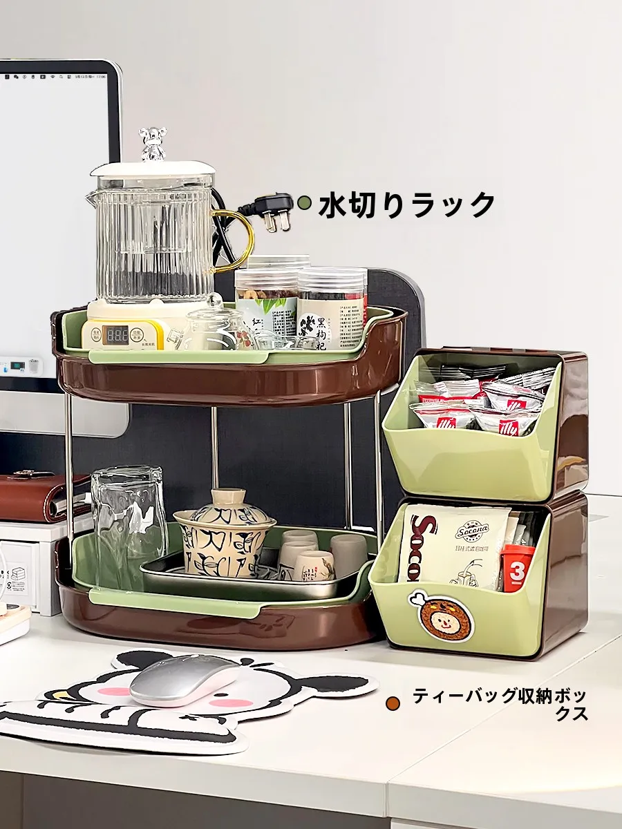 デスクサイド用スリム収納ラック：湯呑み・ティーポット用の水切り機能が実用的なオフィス環境を実現