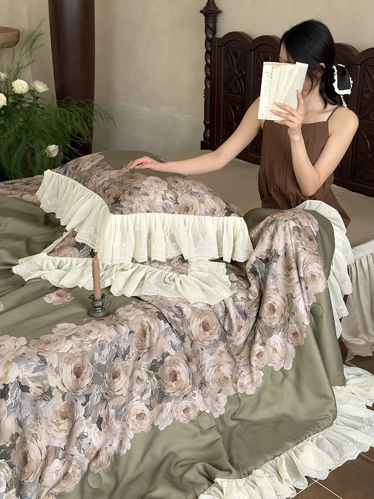 フランス風夏用レトロ天絲涼感布団セット：涼感・通気性を重視する夏のベッドスカートスタイル