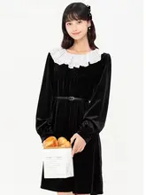 Lagogo ヘプバーン風 ベルベットワンピース【春秋用・ゆったりした子供服・小さな黒いドレス】