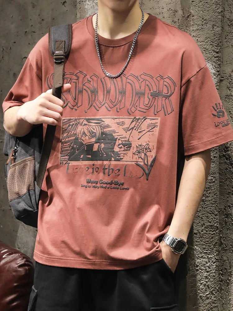 アメリカンヘビー半袖 Tシャツ 夏アニメプリント：几何パターンの青春流行スタイルを実現