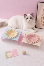 花柄陶器製の猫用高台ボウル【首を守るデザイン・黒ずみ防止】