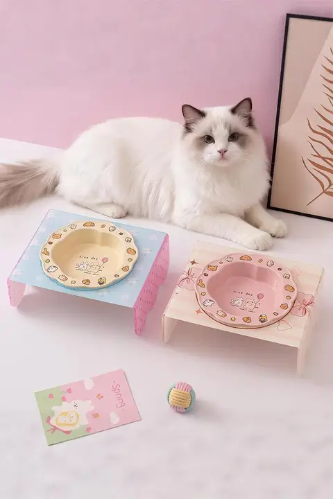 花柄陶器製の猫用高台ボウル【首を守るデザイン・黒ずみ防止】