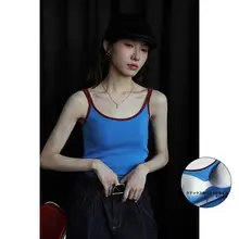 ブルーコントラストUネック胸パッド付きキャミソール【夏用・美背デザイン・ストレッチ】