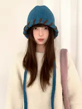 冬用ニット帽【ブルーカラー・耳当て付き・防寒レトロスタイル】（セットアップ対応）