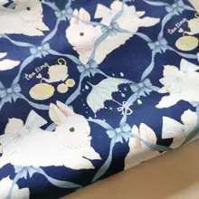 青地にリボン付きウサギ柄のコットン平織り生地【ロリータワンピース用DIY・バッグ用】