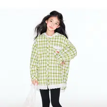子供用 グリーンチェックシャツ【デザイン性のあるフード付き・花柄・コットン素材】（セットアップ対応）