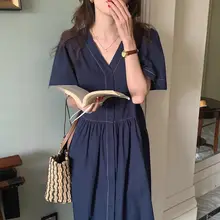 中長丈ドレス 夏 夏の フランス風 エレガント Vネック ボタン付き 明線デザイン ゆったり ショートスリーブ