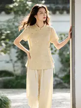 新中式デザインの盤扣ブラウスとワイドパンツ【夏用・大きいサイズ・スタイリッシュ】（セットアップ対応）