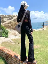 アメリカンビンテージスタイル！ブラック微フレア工場風パンツ【ハイウエスト・スリムフィット・ロング丈】（セットアップ対応）