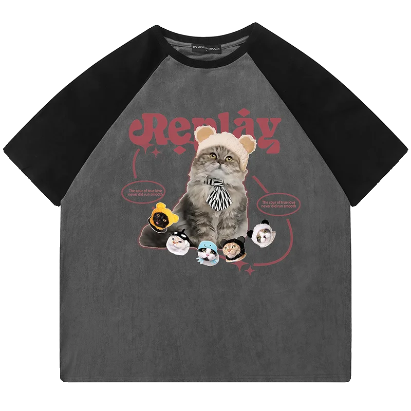 かわいい猫柄のカラーブロックラグラン袖半袖Tシャツ【ユニセックス・ルーズフィット】