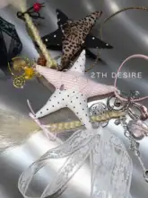手編みドット＆ヒョウ柄デザインの五角星ハート付きレースリボンネックレス
