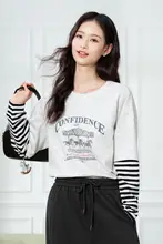 ストライプ切替デザインの長袖Tシャツ【レディース・レイヤード風】（セットアップ対応）