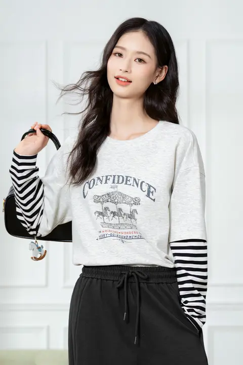 ストライプ切替デザインの長袖Tシャツ【レディース・レイヤード風】（セットアップ対応）