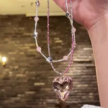 ハート型ビーズネックレス【ピンクアゲート・スター＆ハートデザイン・透け感あり】