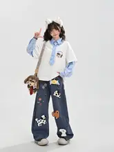 犬刺繍デザインのゆったりとしたスウェットトップス【ファッション感・カジュアルスタイル・二重素材】（セットアップ対応）