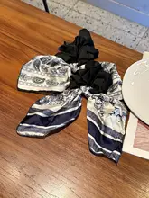 スクランチー 伸縮ヘアゴム レディース サテン 柄入り 蝶結び スカーフ風 韓流 ヴィンテージ 上品