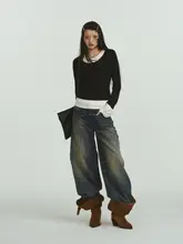 立体ローズ袖口ニットトップス【重ね着風デザイン・女性用】