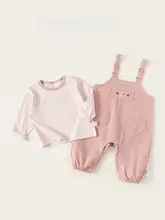 春季ファッショナブルで可愛いハート柄の女の子用カジュアルウェア【ビブパンツとストライプTシャツ・セットアップ対応】