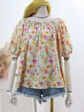 油絵風プリント小花柄ブラウス【夏用・オフショルダー・フレンチスタイル】