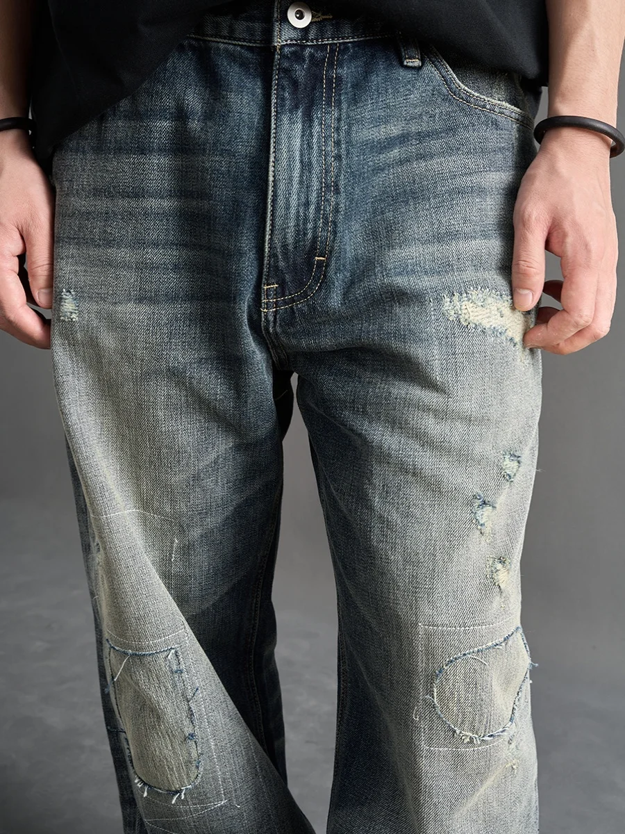 ヴィンテージ加工 パンツの実際：デニム風補修パッチ付きハンドメイドストレートパンツの特徴と使い方