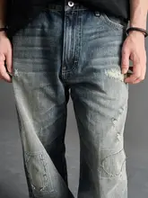 デニム風補修パッチ付きハンドメイド加工ストレートパンツ【ヴィンテージ仕上げ】（セットアップ対応 ）