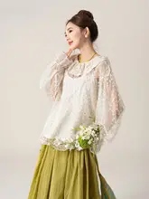 透け感のあるレースの花柄ドロップショルダー長袖シャツ【淡いピンク・ランタン袖】