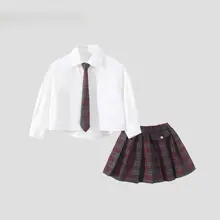 秋春用 女の子用学院風シャツとチェック柄スカートの2点セット（セットアップ対応）