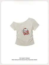 かわいい刺繍入り短袖Tシャツ【女性用・スリムフィット・斜め肩デザイン】