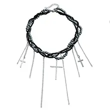 多層チェーン風パール巻きフリンジ吊り下げネックレス【クロスデザイン・セクシーな鎖骨チェーン】