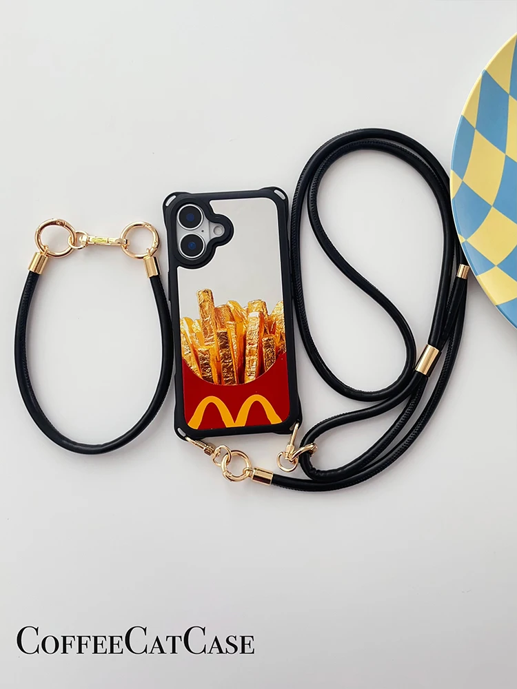 iPhone用ミラーケース：ゴールドフライドポテトデザインと調節可能なストラップの実用性解析