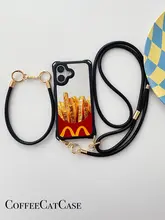 iPhoneケース ポテトモチーフ ブラックフレーム 鏡付き ショルダーストラップ 斜め掛け 手提げ 2WAY 長さ調節可能 化粧直し 女子 iPhone 16 15 14 13対応