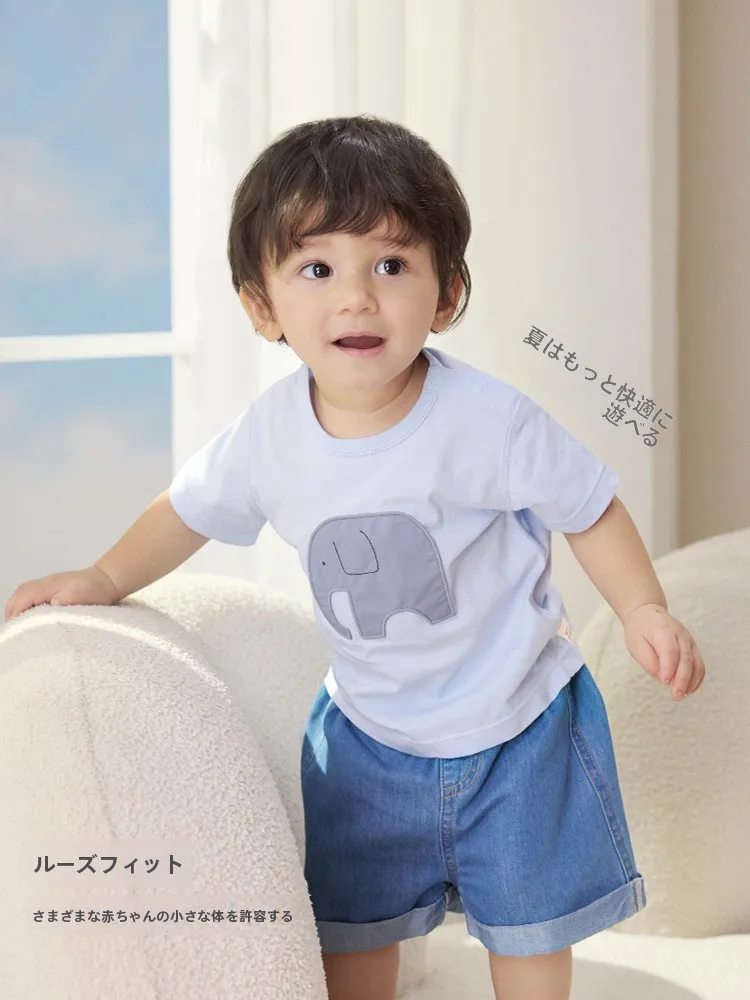 コアラデザインのベビー用青色Tシャツ：春夏に最適な柔らかい純綿の動物柄アイテム