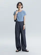 ウエスト調整可能なおしゃれなカジュアルパンツ【極簡デザイン・ワイドレッグ・デニムブルー】（セットアップ対応）