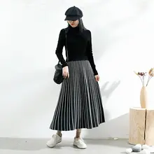 拾卡 ストライプニットスカート【秋冬用・中長丈・レトロ・プリーツ】