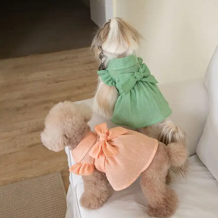 春夏用 ペット用ストライプカーディガン【リボン付きスカート・ティディベア・薄手・猫犬用】