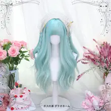 ロリータ風ロングカールウィッグ【青リンゴ・アニメスタイル・ミント色】
