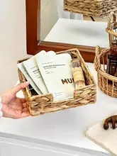 レトロスタイルの草編み化粧品収納ボックス【化粧卓上用・コスメ・ブラシ・香水・マスク収納】