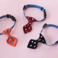 ペット用カラーボウタイ【犬猫用・鈴付き・イギリス風ドットデザイン・デニム調】