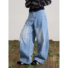 美式レトロウォッシュ加工星柄プリントワイドレッグデニムパンツ【ゆったり高街スタイル】
