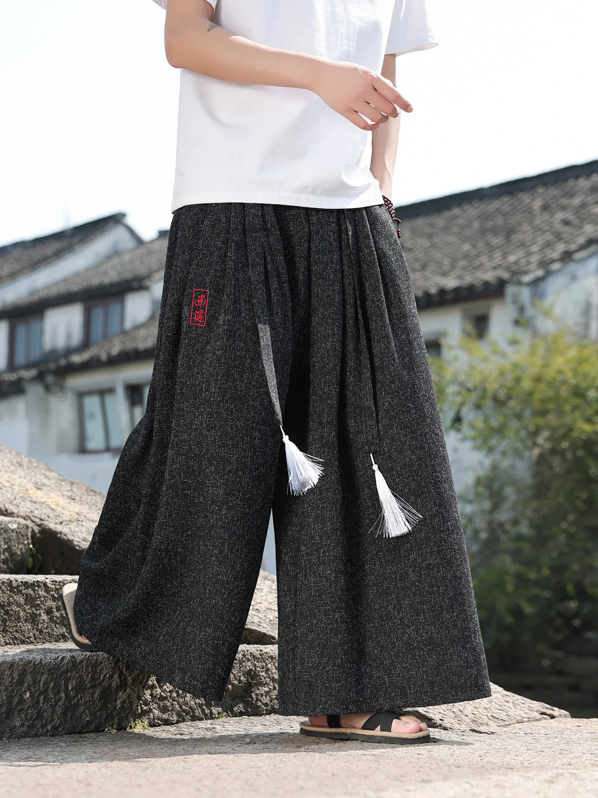 中国風刺繍入り メンズゆったりワイドパンツ：チャラ男に最適な新中式カジュアルスタイル