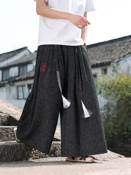 中国風刺繍入り メンズゆったりワイドパンツ【晋制漢服スタイル・カジュアル・】（セットアップ対応）