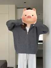 グレー フード付き ニットカーディガン【秋冬用・ルーズフィット・ジッパー付き】